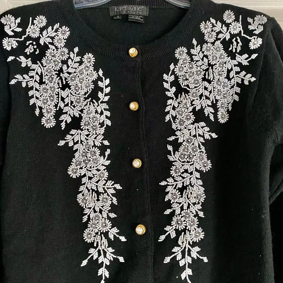 Karen Kane Lifestyle Black Wool Beaded Cardigan Sweater Vintage Style, Size S - Picture 3 of 6